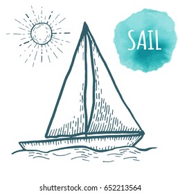 Sail drawing on white background. Hand drawn outline naval illustration.