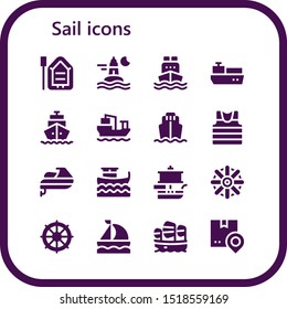 sail icon set. 16 filled sail icons.  Simple modern icons about  - Boat, Ocean, Cargo ship, Shipping, Sailor, Jet ski, Ship, Helm, Sailboat