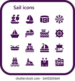 sail icon set. 16 filled sail icons. Included Ship, Sailboat, Captain, Helm, Jet ski, Boat, Cargo ship, Shipping icons