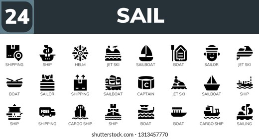 sail icon set. 24 filled sail icons.  Simple modern icons about  - Shipping, Ship, Helm, Jet ski, Sailboat, Boat, Sailor, Captain, Cargo ship, Sailing