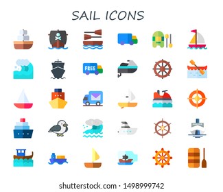 sail icon set. 30 flat sail icons.  Simple modern icons about  - ship, boat, shipping, sailing, wave, cruise, jet ski, helm, sailboat, windsurf, seagull, yacht, sailing boat, ship in a bottle