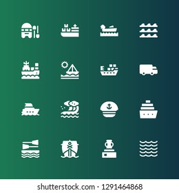 sail icon set. Collection of 16 filled sail icons included Sea, Vessel, Ship, Boat, Cruise, Sailor, Wave, Yacht, Shipping, Waves, Boating, Cargo ship