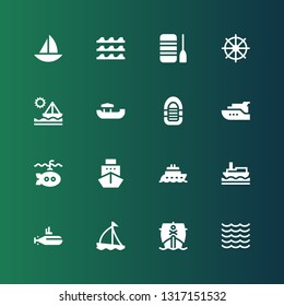 sail icon set. Collection of 16 filled sail icons included Sea, Ship, Sailboat, Submarine, Boat, Yacht, Inflatable boat, Helm, Waves