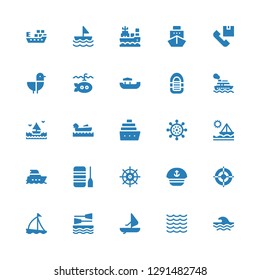 sail icon set. Collection of 25 filled sail icons included Wave, Sea, Windsurf, Boat, Sailboat, Helm, Sailor, Yacht, Ship, Cruise, Boating, Inflatable boat, Submarine, Seagull