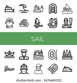 Segelsymbol eingestellt. Kollektion von Schiffen, Kapitän, Wave, Cruise, Windsurf, Aufblasboot, Piratenschiff, Segeln, Papierschiff, Motorboot, Boot, Sailor, Symbole für Rettungsboote