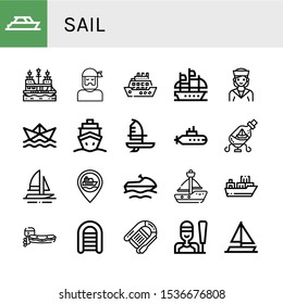sail icon set. Collection of Yacht, Pirate ship, Sailor, Cruise, Galleon, Paper ship, Windsurf, Submarine, Ship in a bottle, Boat, Jet ski, Sailboat, Cargo Motorboat icons