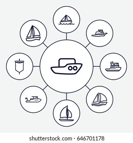 Sail icons set. set of 9 sail outline icons such as boat, ship, sailboat
