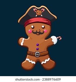 Sail into the holiday spirit with thus whimsical gingerbread man-pirate vector on a solid background. This high-quality illustration brings a playful twist to your festive designs. 