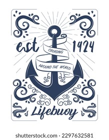 Sail label banner. Anchor with inscription. Travel around world by ocean or sea. Summer season symbol. Boat and ship. Graphic element for website. Cartoon flat vector illustration