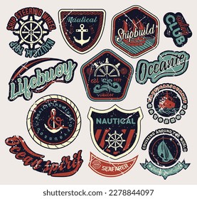 Sail labels retro set. Ships and anchors on worn patches. Nautical badges and icons. Classic and antique grunge tags with boat. Cartoon flat vector illustrations isolated on white background
