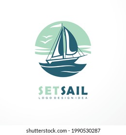 Sail logo design with yacht sail boat on open sea and blue sky. Sailing vector symbol idea. Travel and vacation graphic icon layout.