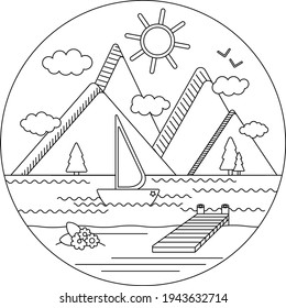 Sail on lake between mountains made in doodle technic