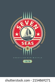Sail on the seven seas vintage tee shirt design template. Apparel print layout with coastline scene and sail boat. Navy style vector print layout.