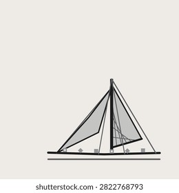 Sail plan in mono ink colours, a flat geometric diagram seen from the side with the mast, boom and standing rigging drawn in clean straight lines, for sailing school sheets and classic boat reference charts.
