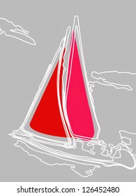 sail red a sailboat boat in the sea with waves and clouds in the sky painted figuratively with white graphics stroke