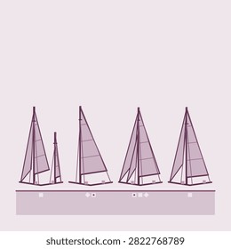 Sail rig types in plum colours, a flat geometric diagram with 4 different sailing rigs standing side by side on one water line, for sailing school sheets and classic boat reference charts.