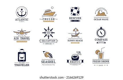 Sail sea logo. Vintage maritime and sailboat symbols. Boat in Atlantic. Rope label and navigation anchor emblem. Summer recreation. Marine cruise. Ocean resort. Vector identity signs set