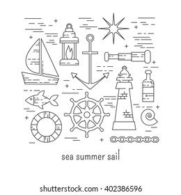 Sail set. Sea and summer lineart illustration.