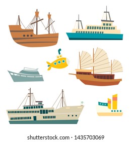 Sail and sheep vector illustration set. Submarine and marine transport flat cartoon style isolated on white background