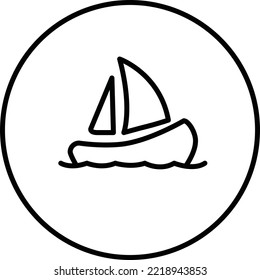 Sail ship, boat, in ocean water, sailing, in circle black and white outline button, line icon vector illustration