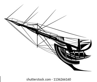 sail ship bowsprit rigging - side view black vector silhouette