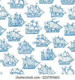 Sail ship, corvette, frigate and brigantine seamless pattern. Vintage vector sketch ornament with nautical boats with flags. Sea vessels, engraved blue galleons on white background, tile, wallpaper svg