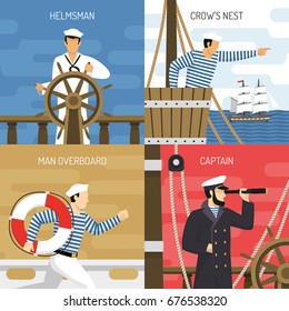 Sail ship crew members at work 4 flat icons square with helmsman captain sailors isolated vector illustration 