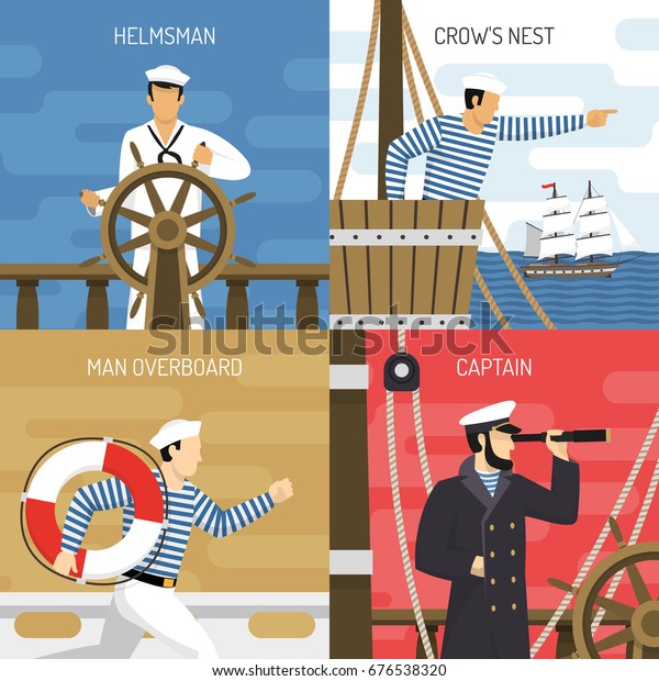 Sail ship crew\
members at work 4 flat icons square with helmsman captain sailors\
isolated vector illustration\
