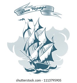 Sail ship drawn in engraving retro style and ribbon with Bon Voyage wording. Vector Illustration.