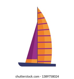 Sail ship in flat design. Marine yacht icon. Cartoon striped yellow sailboat.