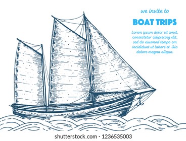 Sail ship hand drawn sketch. Nautical vector illustration. Sea design template.