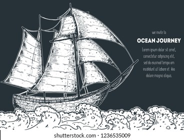 Sail ship hand drawn sketch. Nautical vector illustration. Sea design template.