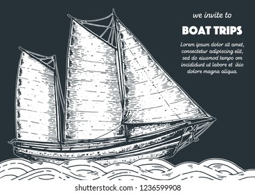 Sail ship hand drawn sketch. Nautical vector illustration.