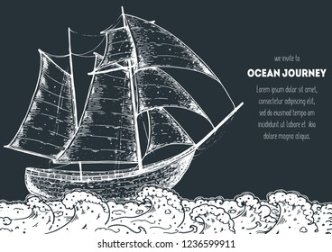 Sail ship hand drawn sketch. Nautical vector illustration.