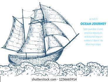 Sail ship hand drawn sketch. Nautical vector illustration.