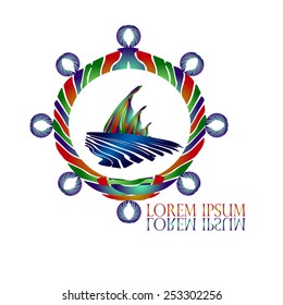 Sail Ship & Helm Logo vector design template. Yacht club symbol. Yachting sport concept. Regatta icon. Fishing sign. Creative logo for Travel & Tourism, Nautical Transportation & Recreation business.