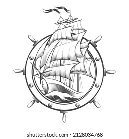 Sail Ship Inside Ship Wheel Engraving Tattoo isolated on white. Vector illustration.