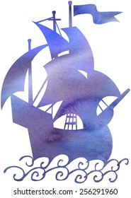 Sail ship in ocean water. Vector watercolor
