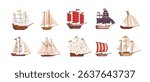 Sail ship. Old wooden boat. Sailing vessel, nautical transport, marine ship, schooner nave, wind-powered boat, sea galleon, schooner, clipper, pirate ship. Seafaring at sea. Vector set.