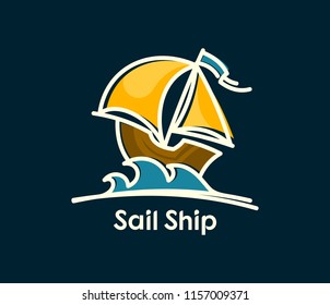 Sail ship on waves cartoon vector icon
