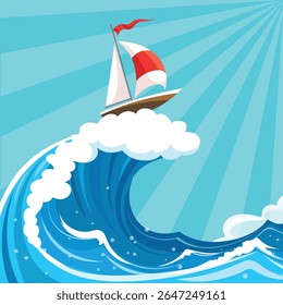 Sail ship riding a high wave. Sailboat on waves crest vector illustration