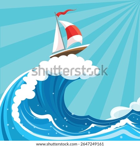 Sail ship riding a high wave. Sailboat on waves crest vector illustration