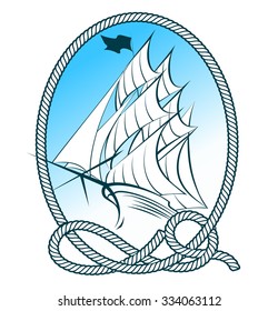 Sail Ship in rope frame. Nautical emblem.