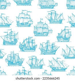 Sail ship, sailboat, brigantine seamless pattern. Wallpaper and textile print, vector backdrop or wrapping paper vector pattern with blue engraved medieval ship, ancient caravel or frigate vessels