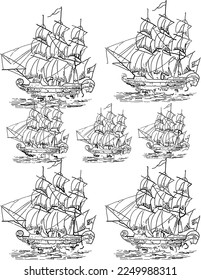 Sail ship, sailboat, brigantine seamless pattern. Wallpaper and textile print, vector backdrop or wrapping paper vector pattern with blue engraved medieval ship, ancient caravel or frigate vessels