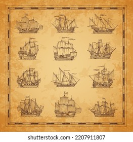 Sail Ship, Sailboat And Brigantine Sketch On Vintage Map, Vector Grunge Background. Marine Sail Ships, Pirate Frigates With Sails And Cannons For Treasure Island And Caribbean Adventure Map