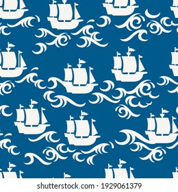 Sail Ship and Storm Sea Vector Graphic Silhouette Seamless Pattern can be use for background and apparel design