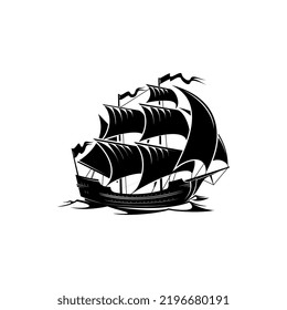 Sail ship vector icon, pirate boat, nautical frigate with flags and wooden deck on sea waves. Vintage sailboat brigantine black symbol isolated on white background