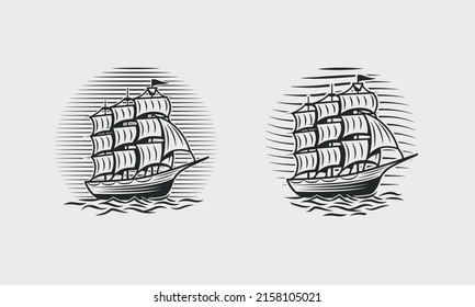 Sail ship vintage icon, logo. Vintage Ship with waves isolated on white background. Nautical, Marine logo, emblem, label template. Vector illustration