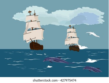 Sail ships with white sails on blue ocean waves, white clouds on sky. Vector illustration